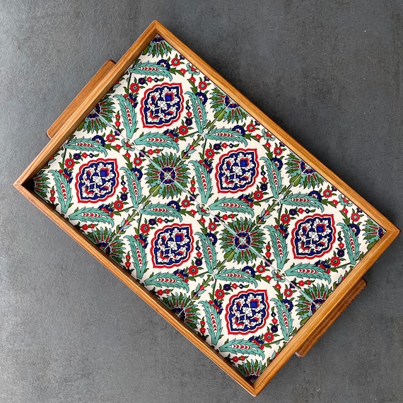 Large rectangular wooden tray with ceramic tile decoration in vintage style, serving plate, coffee service, decoration, gift, housewarming