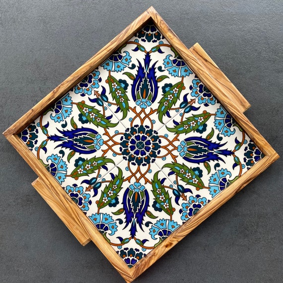 Olive wood tray with mandala pattern