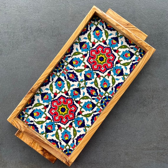 Olive wood tray with oriental tiles