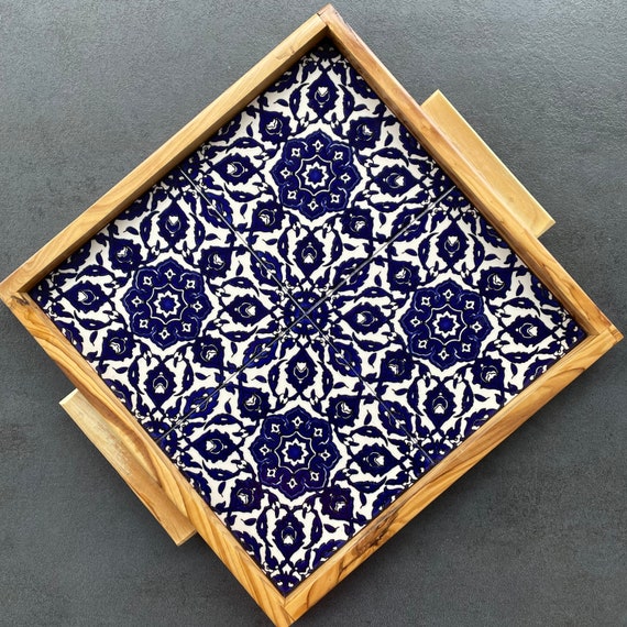 Tray with blue and white mandala design