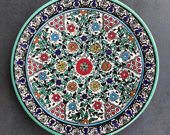 Türkis-bunter Dekoteller/Kuchenplatte für kleine Kuchen/Kekse mit feinen Blumen-Details, Tafelservice, handgemalt, 27cm