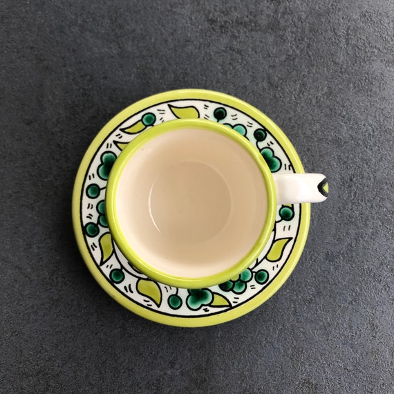 Yellow-green espresso cup, mocha, coffee cup, coffee mug, coffee service with hand-painted flower pattern, boho, coffee set, table service
