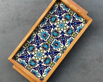 Wooden Tray Ceramic Tiles Blue White Mandala Motif Decorative Tray Serving Platter Gift Mother's Day Christmas Handmade