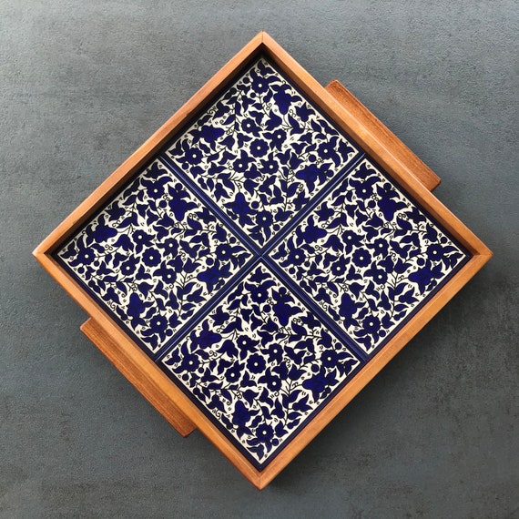 Wooden tray with ceramic tile decoration in oriental style, serving plate, coffee service, decoration, gift, housewarming, handmade