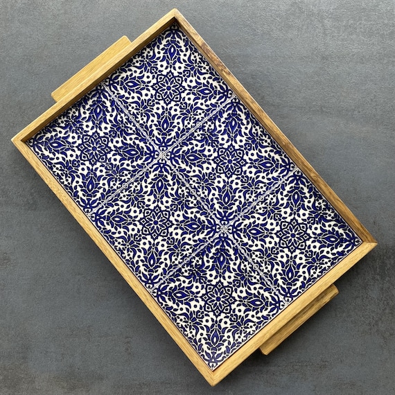 Walnut tray, blue and white tiles