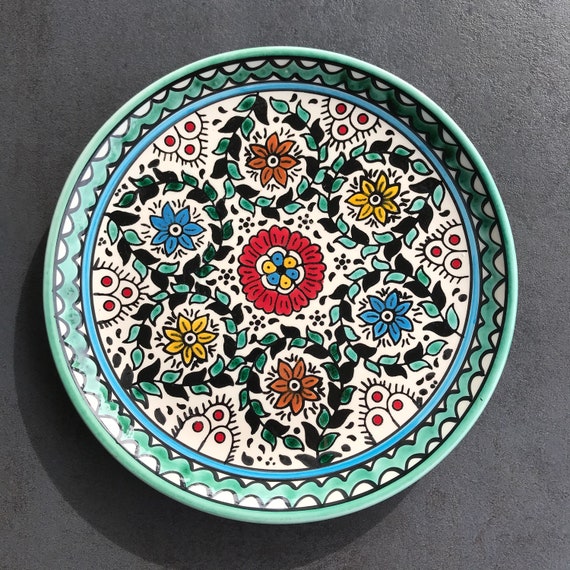 Turquoise large plate with floral details, eating utensils, hand-painted, table service, cheaper in a set
