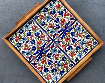 Wooden tray with ceramic tile decoration in oriental style, serving plate, coffee service, decoration, gift, inauguration, handmade