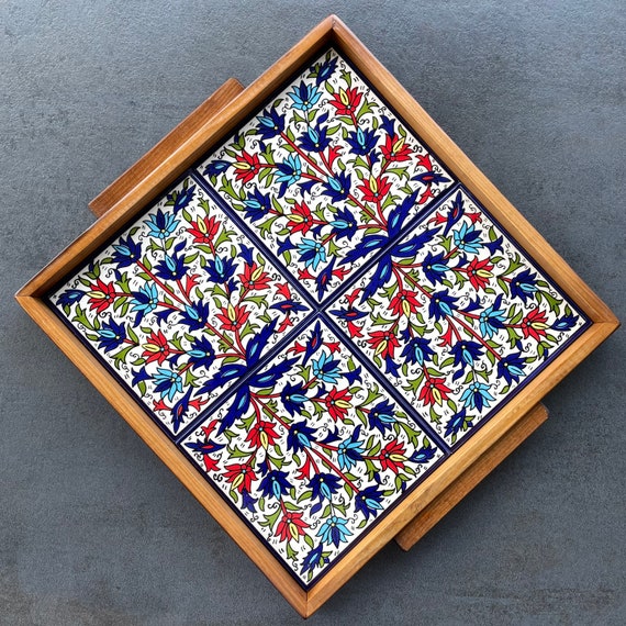 Wooden tray with ceramic tile decoration in oriental style, serving plate, coffee service, decoration, gift, inauguration, handmade