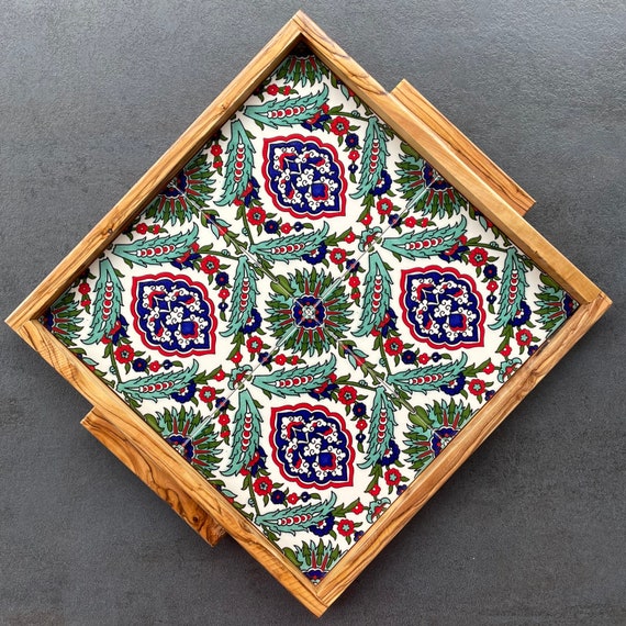 Vintage olive wood tray with tiles