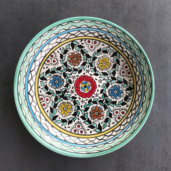 Türkise Obstschale mit orientalischem Blumen-Details, Salatschüssel, Essgeschirr, Tischdeko, Boho