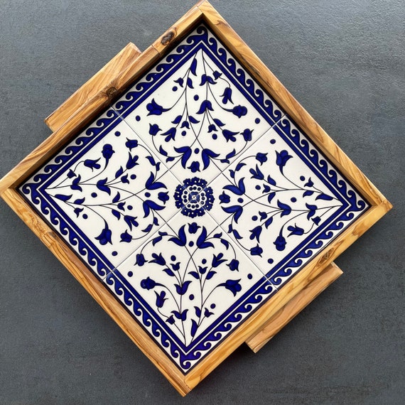 olive wood tray with ceramic decoration