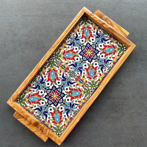 Tile tray made of olive wood