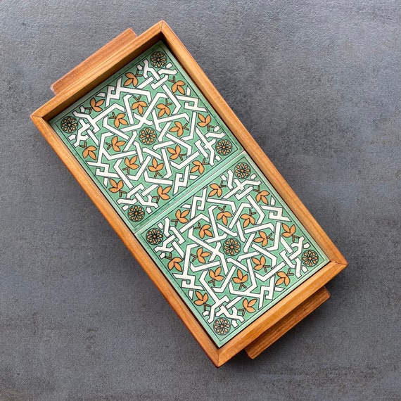 Autumnal wooden tray with ceramic tiles in green-orange mandala style, decorative tray, serving plate, wooden board, handmade