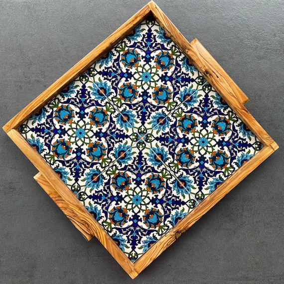 Large olive wood tray with ceramic tiles