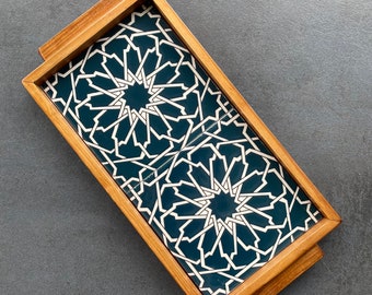 Wooden tray with green ceramic tiles in Moroccan style, decorative tray, serving platter, handmade