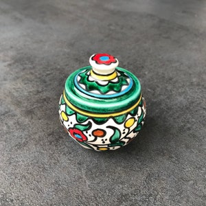 Sugar bowl, container, tin, storage with lid, boho with flower design, hand painted