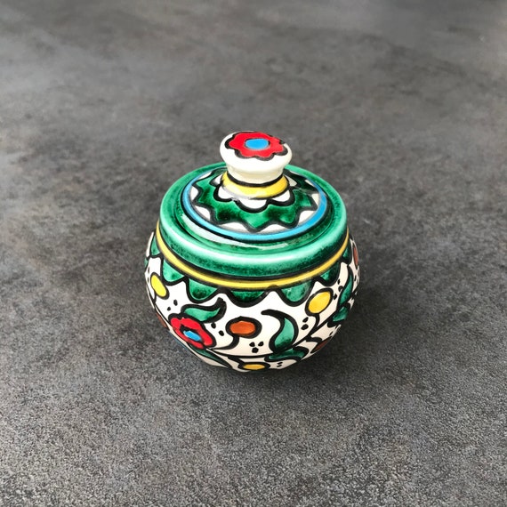 Sugar bowl, container, tin, storage with lid, boho with flower design, hand painted