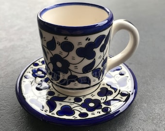 Espresso-Tasse, Mokka, Kaffeetasse, Kaffeebecher, Kaffeeservice mit Blumen-Deisgn, handgemalt, blau-weiß, Set