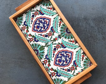 Wooden tray with turquoise ceramic tiles in boho style, decorative tray, serving plate, handmade