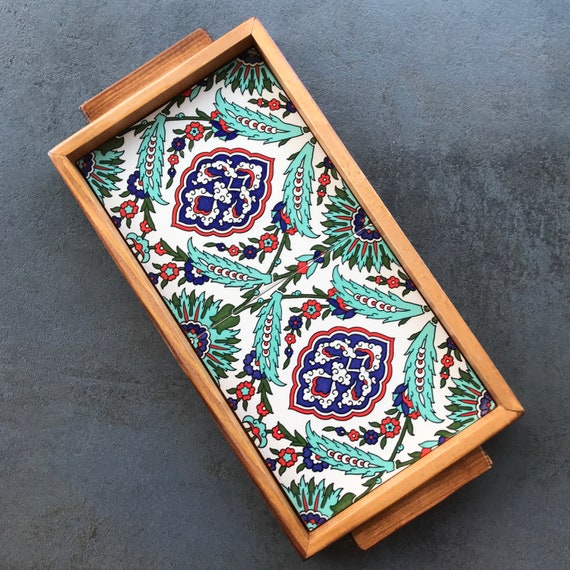 Wooden tray with turquoise ceramic tiles in boho style, decorative tray, serving plate, handmade
