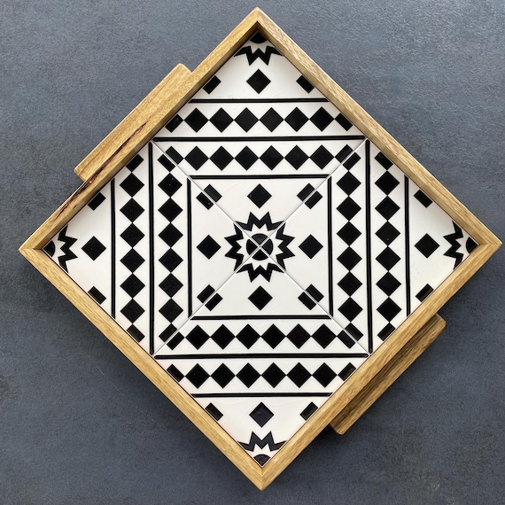 Handmade walnut tray with tiles