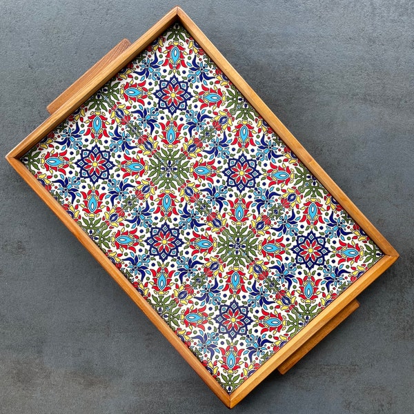 Large rectangular wooden tray with colorful ceramic tile decoration, serving plate, coffee service, decoration, gift, housewarming