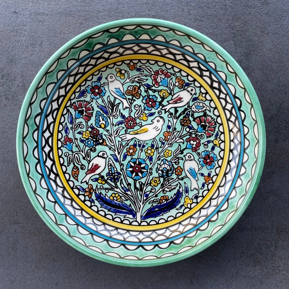 Turquoise fruit bowl with oriental floral details, salad bowl, dinnerware, table decoration, boho