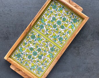 Vintage olive wood tray with tile decoration