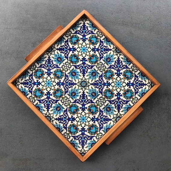 Wooden tray with ceramic tile decoration