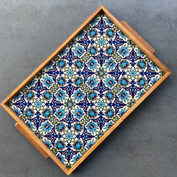 Large rectangular wooden tray with ceramic tile decoration in vintage style, serving plate, coffee service, decoration, gift, housewarming