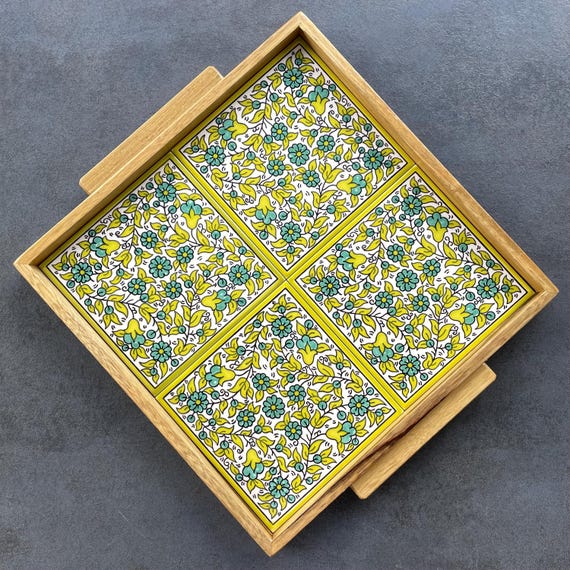 Artistic walnut tile serving tray
