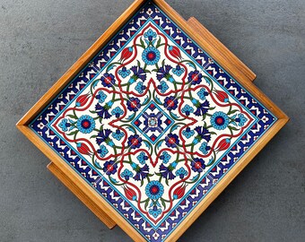 Wooden tray with ceramic tile decoration in oriental style, serving plate, coffee service, decoration, gift, inauguration, handmade