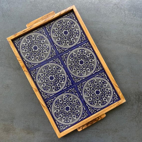olive wood tray with ceramic decoration