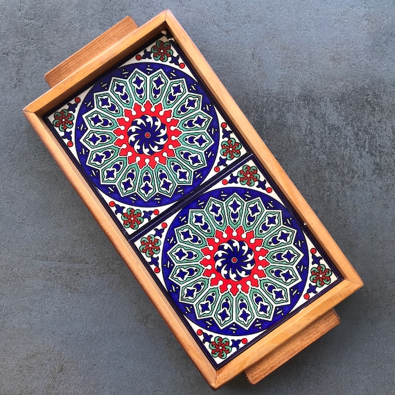Wooden Tray with Mediterranean Ceramic Tiles in Blue/Red/White Mandala Pattern Decorative Tray Serving Platter Handmade