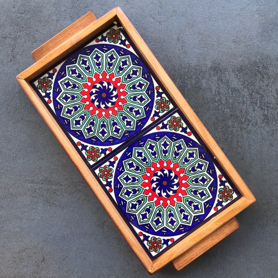 Wooden Tray with Mediterranean Ceramic Tiles in Blue/Red/White Mandala Pattern Decorative Tray Serving Platter Handmade