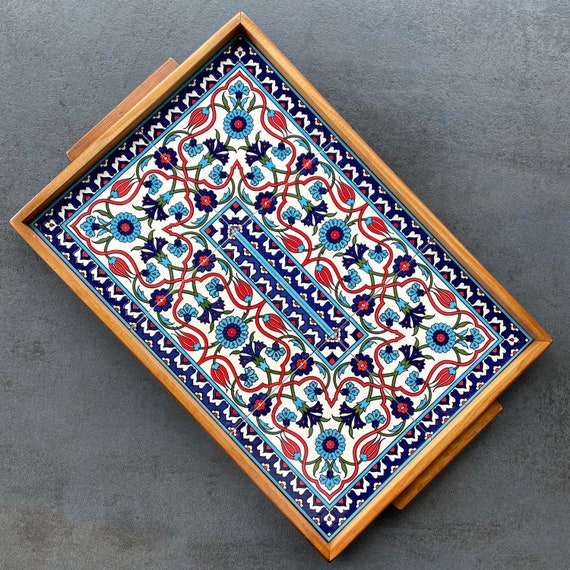 Large wooden tray with blue/red/white ceramic tile decoration in oriental style, coffee service, decoration, gift, inauguration, wedding