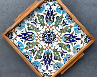 Wooden tray with ceramic tile decoration in oriental style, serving platter, coffee service, decoration, gift, housewarming, handmade