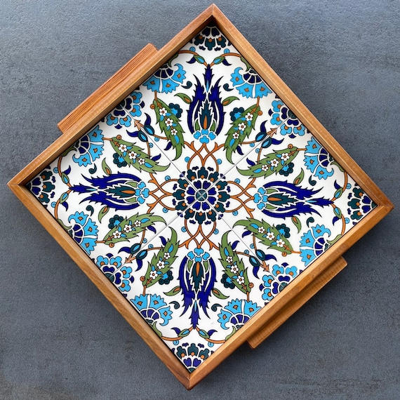 Wooden tray with ceramic tile decoration in oriental style, serving plate, coffee service, decoration, gift, housewarming, handmade