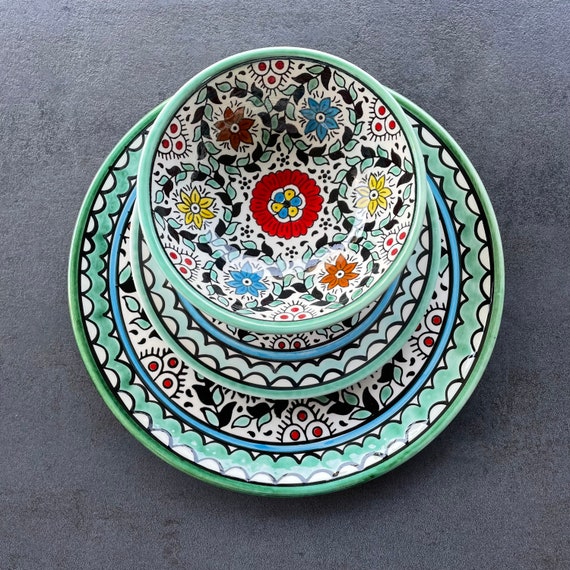Crockery set with hand-painted turquoise floral pattern, table service: large and small plate + soup/cereal bowl (for 2, 4 or 6 people)