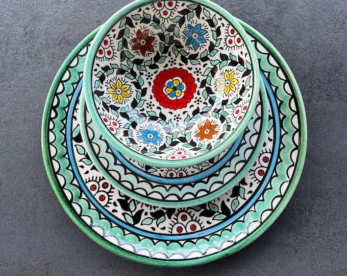 Dinnerware Set With Hand-painted Turquoise Floral Pattern, Table