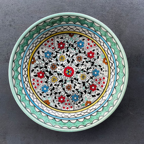 Large turquoise fruit bowl/serving bowl, hand painted