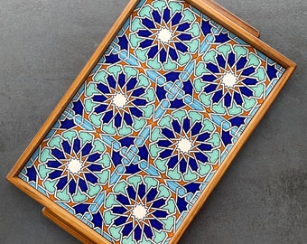 Large rectangular wooden tray with ceramic tiles