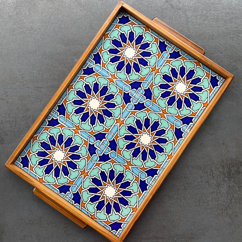 Large rectangular wooden tray with ceramic tiles image 1