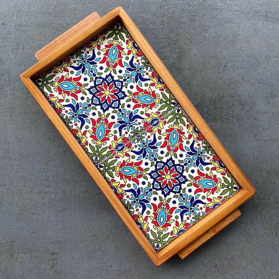 Wooden tray with colorful ceramic tiles in vintage style, mandala, decorative tray, serving plate, handmade