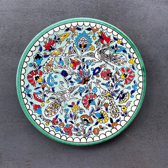 Turquoise-colorful cake plate for small cakes / biscuits with fine flower details, flat plate, eating utensils, table service, hand painted, 27 cm