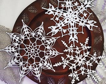 3 snowflakes crochet pattern EN/DE: PDF Christmas tree ornaments, decoration ice crystal lace diy