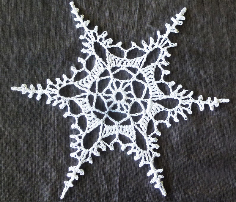 May include: A white crocheted snowflake with a six-pointed star shape and intricate details.