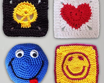 Crochet Pattern Granny Square Heart, Skull, emojis PDF Emoji Ø 3" (8 cm) EN/DE: Smiley Amigurumi.