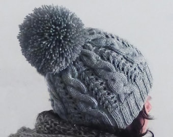 Knitting Pattern for Cable Knit Pom-Pom Hat EN/DE, diy knit beanie, Baby-Adult Knit Hat.