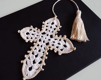 Bookmark Cross with Cord-Tassel Crochet Pattern De/En: PDF ribbon marker religious motive